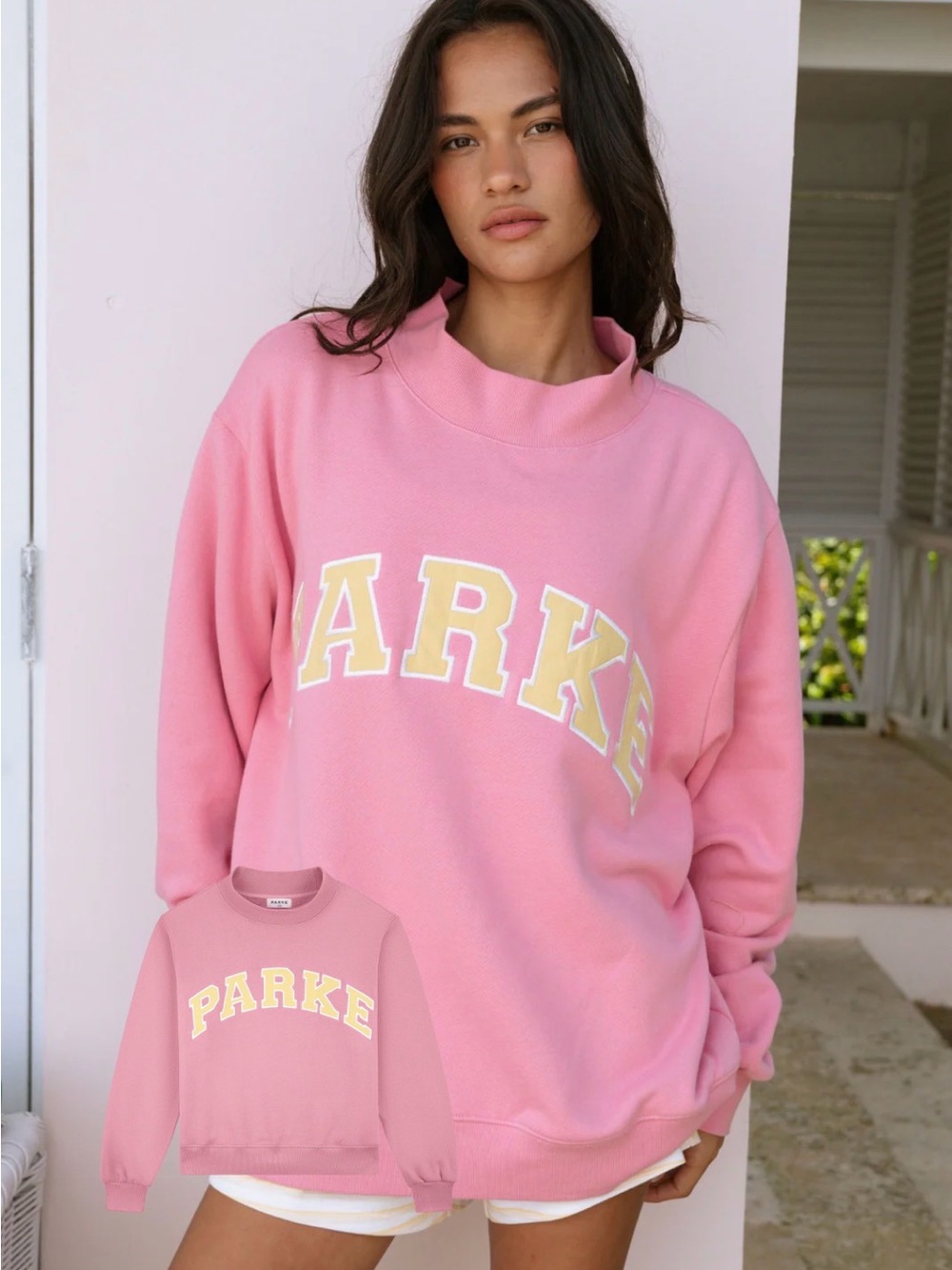 Parke Varsity Mockneck Pink Sweatshirt with Yellow Branding 💖 NWT + AUTHENTIC - Picture 2 of 5
